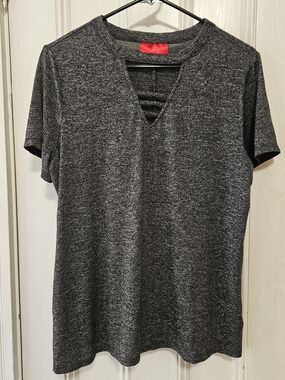 Jennifer Lopez Gray Marled Choker Cutout V-Neck Top Womens Large Stretch